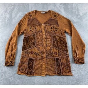 Speed Limit MPH Womens Brown Patchwork Embroidered Boho Rayon Button Top M
